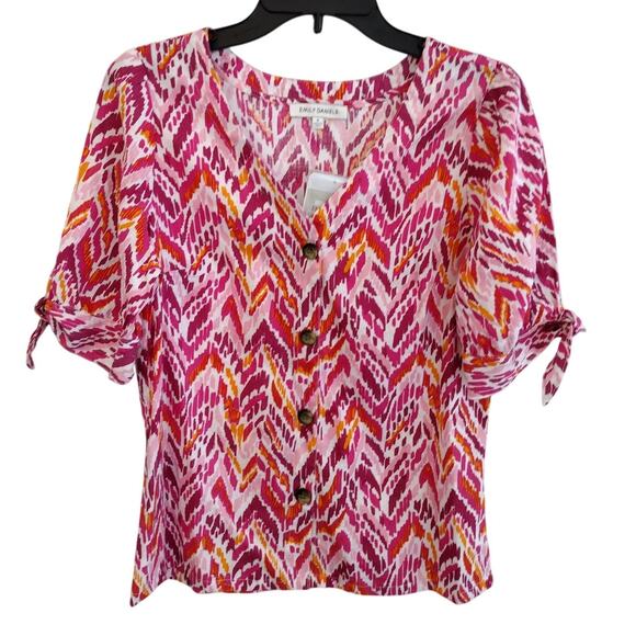 Emily Daniels Pink-Multi Ikat Linen-Blend V-Neck 1/2-Sleeve Button-Up Top Small - Picture 1 of 9